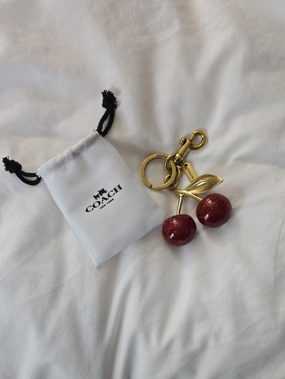 COACH Gold-Tone Cherry Keychain Bag Charm with Glittering Red Cherries